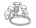 三个小朋友在玩轨道小火车的简笔画图片