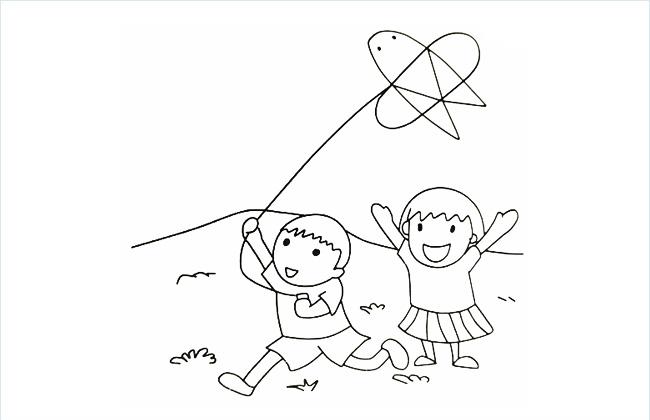 小朋友户外放风筝的简笔画图片
