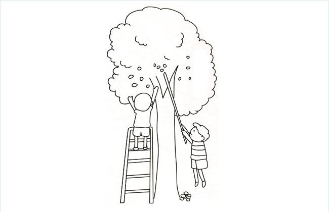两位小朋友摘树上的果子简笔画