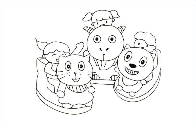 三个小孩子在玩喜洋洋摇摇车简笔画图片