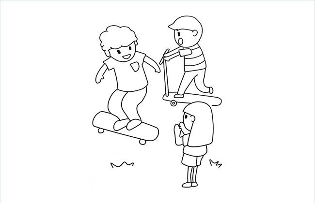 三个小朋友在玩滑板车的简笔画图片
