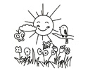 太阳、小鸟、蜜蜂上演风和日丽鸟语花香的简笔画图片