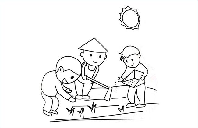 农民伯伯在烈日下种田的简笔画图片