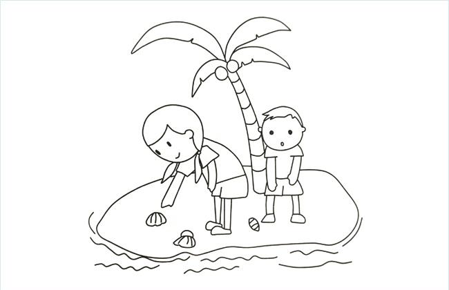 姐弟俩在岛上岸边捡贝壳的简笔画图片