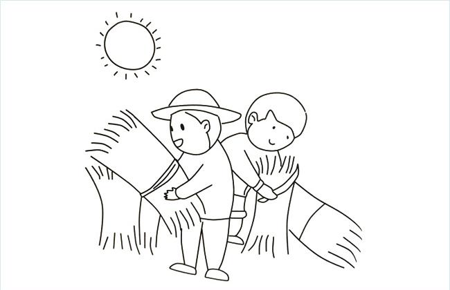 烈日下收割农民伯伯收割麦子的简笔画图片