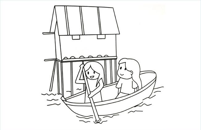 小女孩和妈妈在公园里划船的简笔画图片