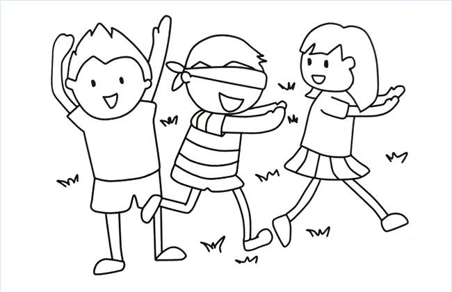 三位小朋友在玩捉迷藏游戏的简笔画图片