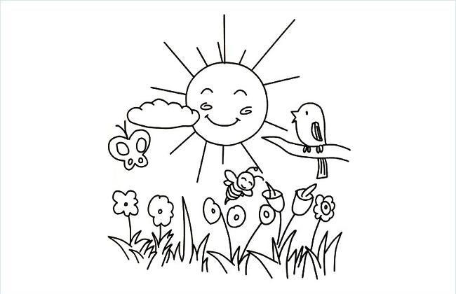 太阳、小鸟、蜜蜂上演风和日丽鸟语花香的简笔画图片